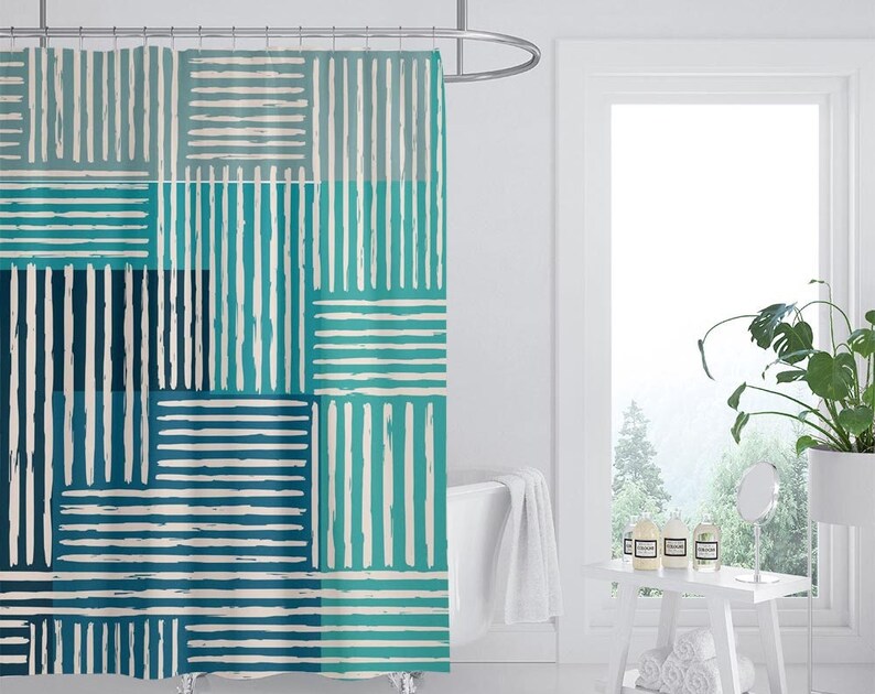 Modern Technology Shower Curtain, Blue Lines Polyester Fabric Shower Curtains, Waterproof Curtain For Bath Decor - Image 2