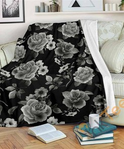 Monochrome Rose Floral Pattern Sherpa Fleece Blanket Gifts for Family, for Couple