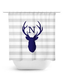 Monogram Shower Curtain, Cabin Decor, Deer Head Antler Bathtub Curtain, Woodland Bathroom, Gray Bathroom Decor, Blue Boy Bathroom