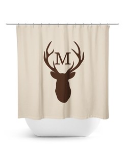 Monogram Shower Curtain, Deer Head Antler Bathtub Curtain, Woodland Bathroom, Brown Bathroom Decor, Brown Boy Bathroom