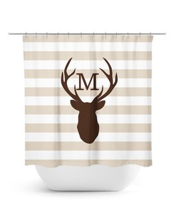 Monogram Shower Curtain, Deer Head Antler Bathtub Curtain, Woodland Bathroom, Brown Bathroom Decor, Brown Stripe Boy Bathroom