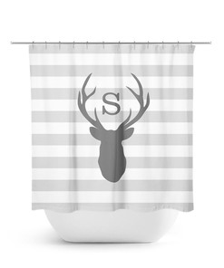 Monogram Shower Curtain, Deer Head Antler Bathtub Curtain, Woodland Bathroom, Gray Bathroom Decor, Gray Stripe Boy Bathroom