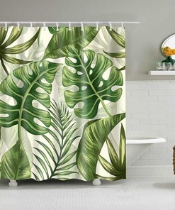 Monstera Green Palm Leaves Shower Curtain, Botanical Tropical Rain Forest Plant Fabric Bathroom Curtain, Bath Curtain