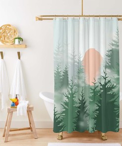 Moon Over Pine Forest Shower Curtain, Landscape Green Trees Fabric Bathroom Curtain, Home Bathroom Set Decor
