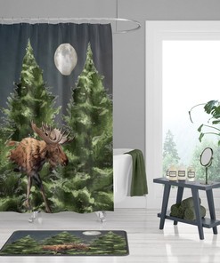 Moose And Pine Shower Curtain, Rustic Lodge Bathroom Decor