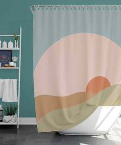 Morning Sunrise Minimalist Shower Curtain, Boho Retro Landscape, Linen Bathroom Curtain, Home Bath Set Decor Accessories