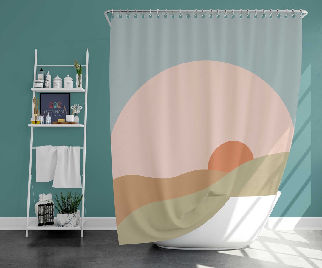 Morning Sunrise Minimalist Shower Curtain, Boho Retro Landscape, Linen Bathroom Curtain, Home Bath Set Decor Accessories