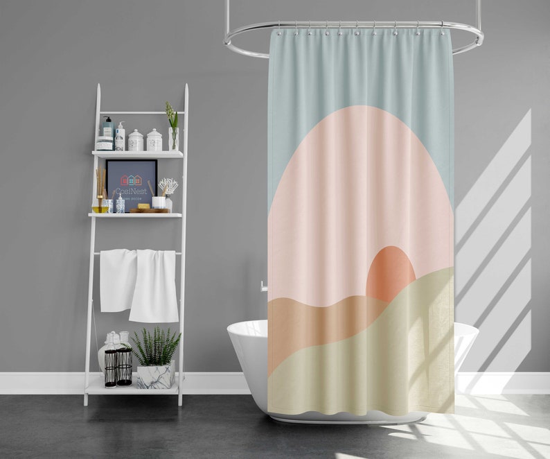 Morning Sunrise Minimalist Shower Curtain, Boho Retro Landscape, Linen Bathroom Curtain, Home Bath Set Decor Accessories - Image 2