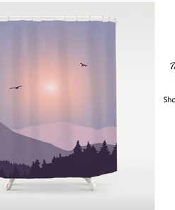 Mountain And Forest Purple Ink Painting Shower Curtain, Peaceful Image Bathroom Decor, Curtains Indoor Outdoors