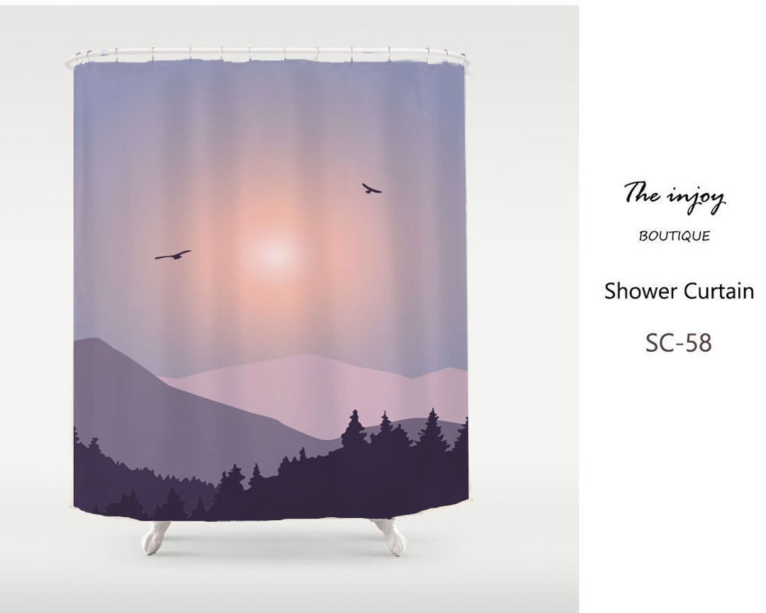 Mountain And Forest Purple Ink Painting Shower Curtain, Peaceful Image Bathroom Decor, Curtains Indoor Outdoors