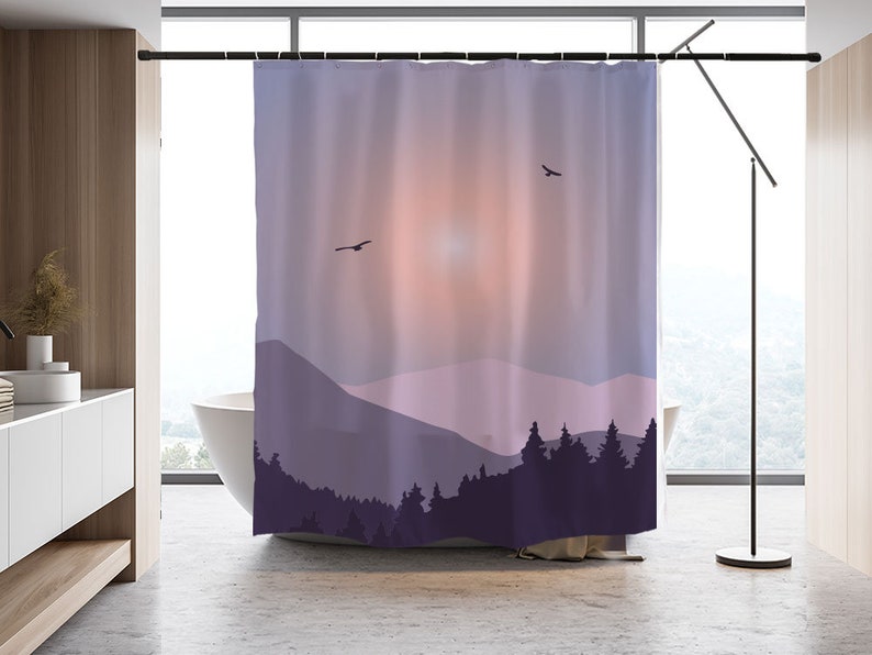 Mountain And Forest Purple Ink Painting Shower Curtain, Peaceful Image Bathroom Decor, Curtains Indoor Outdoors - Image 2