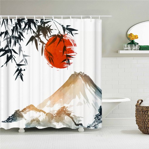 Mountain View And Bamboo Tree Shower Curtain, Beautiful Japanese Classic Watercolor Moon Landscape