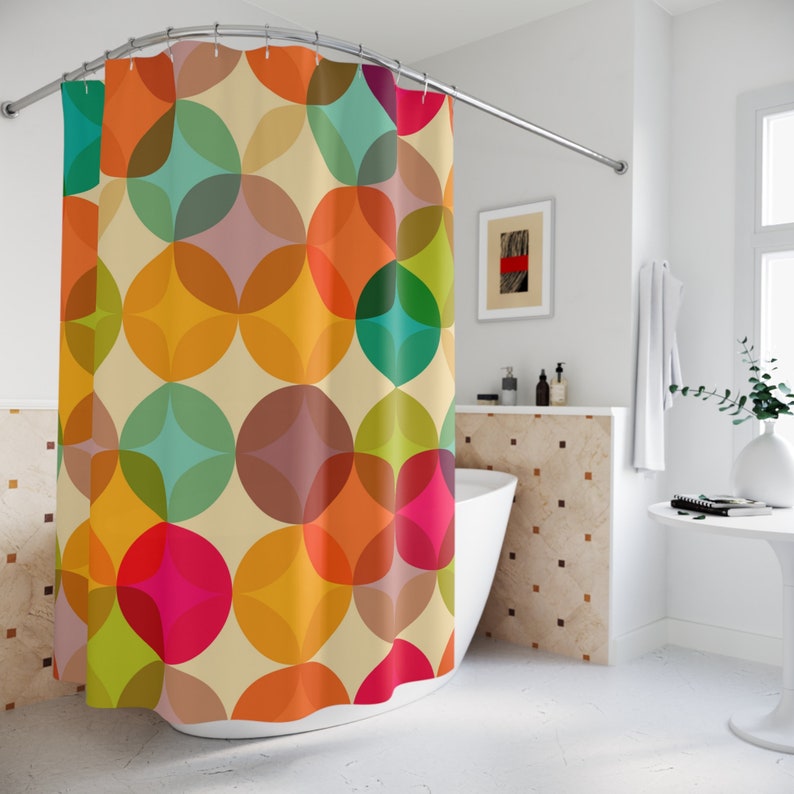 Multicolor Mid Century Mod Shower Curtain, Retro Midcentury Modern Abstract Geometric Bath Curtains, Eames Gift, 6 7 Bathroom Decor, - Image 3