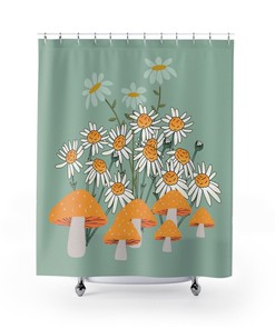 Mushroom 70's Shower Curtain, Wild Flower, Indie Y2K, Cottagecore, Mod Daisy, Hippie Groovy Retro Bathroom Decor