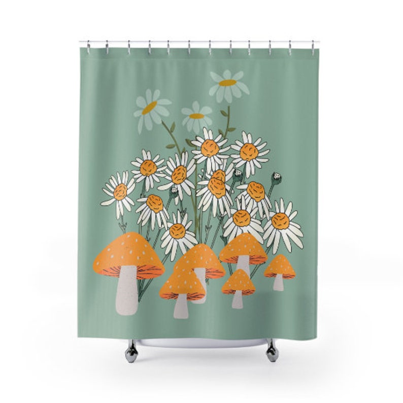 Mushroom 70's Shower Curtain, Wild Flower, Indie Y2K, Cottagecore, Mod Daisy, Hippie Groovy Retro Bathroom Decor - Image 2