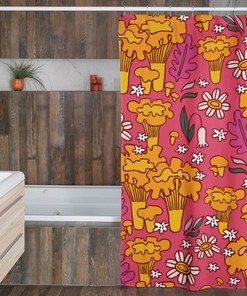 Mushroom And Flowers Shower Curtain, Groovy 60's 70's Hippie Mid Century Modern Shower Curtain
