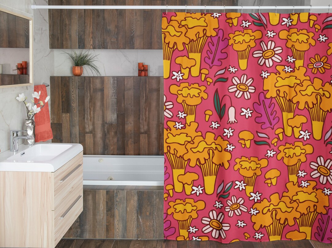 Mushroom And Flowers Shower Curtain, Groovy 60's 70's Hippie Mid Century Modern Shower Curtain
