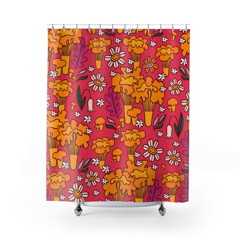 Mushroom And Flowers Shower Curtain, Groovy 60's 70's Hippie Mid Century Modern Shower Curtain - Image 2
