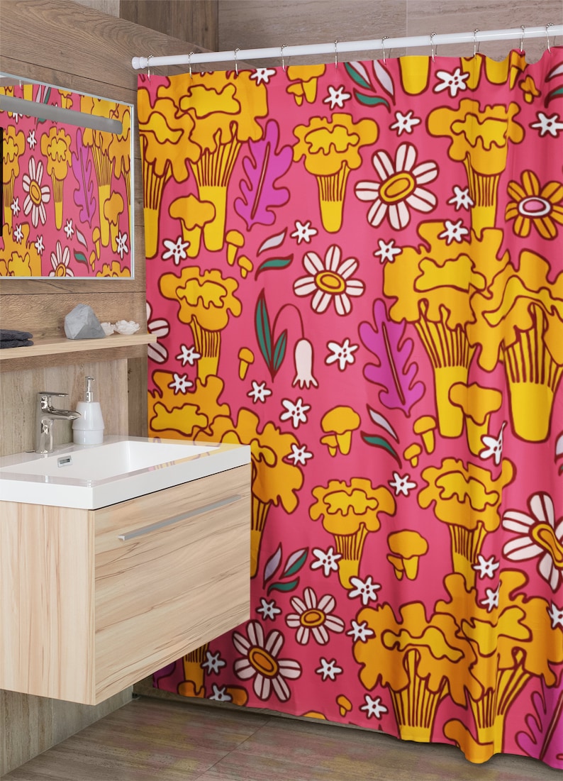 Mushroom And Flowers Shower Curtain, Groovy 60's 70's Hippie Mid Century Modern Shower Curtain - Image 3
