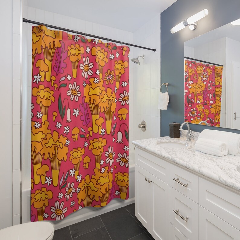 Mushroom And Flowers Shower Curtain, Groovy 60's 70's Hippie Mid Century Modern Shower Curtain - Image 4