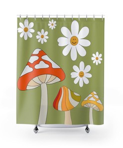 Mushroom Gifts, Retro Shower Curtain, 70s, Mushroom Fairy Core, Mod Daisy, Retro Green, White, Orange, Groovy, Mid Mod