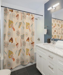 Mushroom Shower Curtain, Beige Retro Shower Curtain, Shower Curtain Boho, Gothic, Cottage Core Shower Curtain, Woodland Shower Curtain