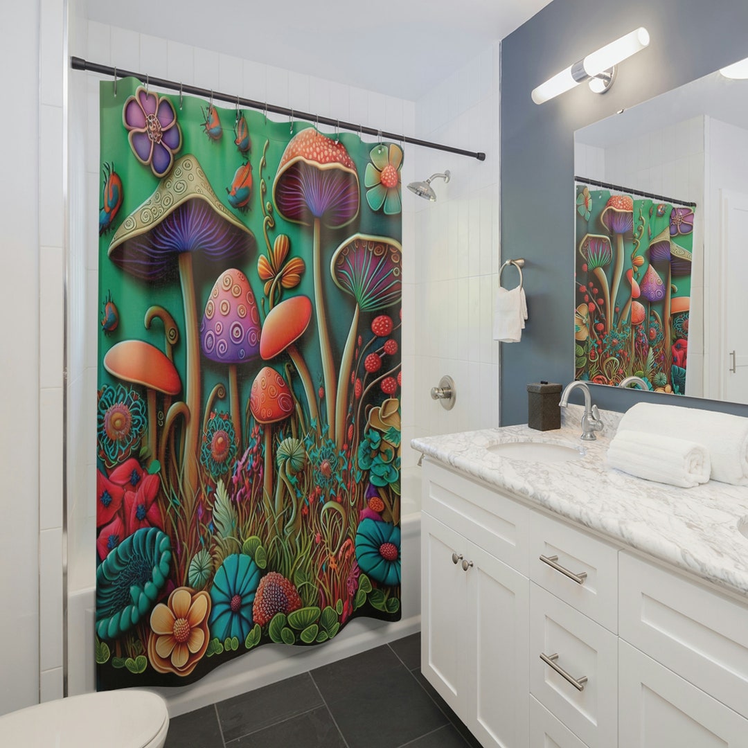 Mushroom Shower Curtain, Boho Mushroom Shower Curtain, Midcentury ...