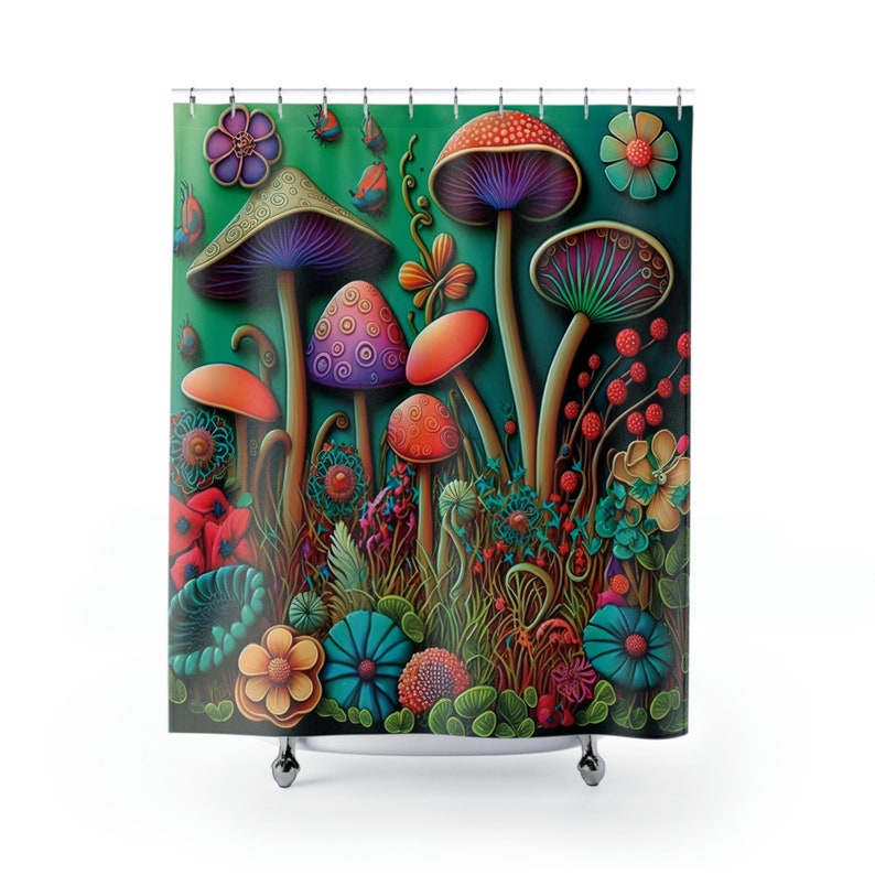 Mushroom Shower Curtain, Boho Mushroom Shower Curtain, Midcentury ...