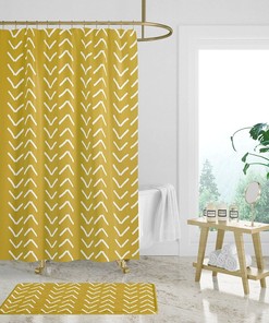Mustard Yellow Mudcloth Print Shower Curtain, Boho Bath Curtain, Bathroom Decor