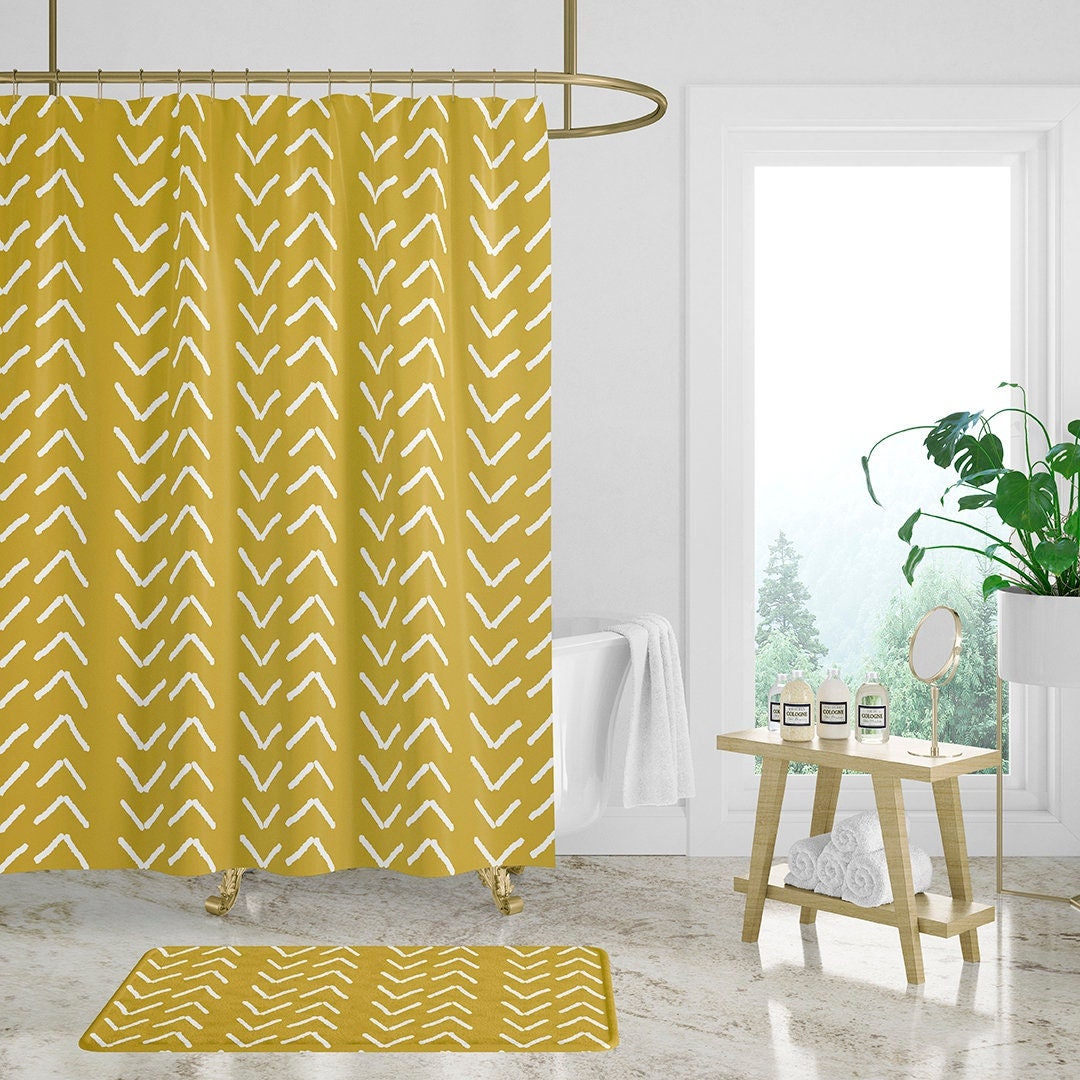 Mustard Yellow Mudcloth Print Shower Curtain, Boho Bath Curtain, Bathroom Decor