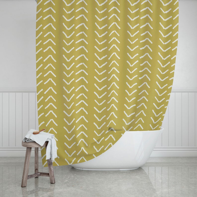 Mustard Yellow Mudcloth Print Shower Curtain, Boho Bath Curtain, Bathroom Decor - Image 2