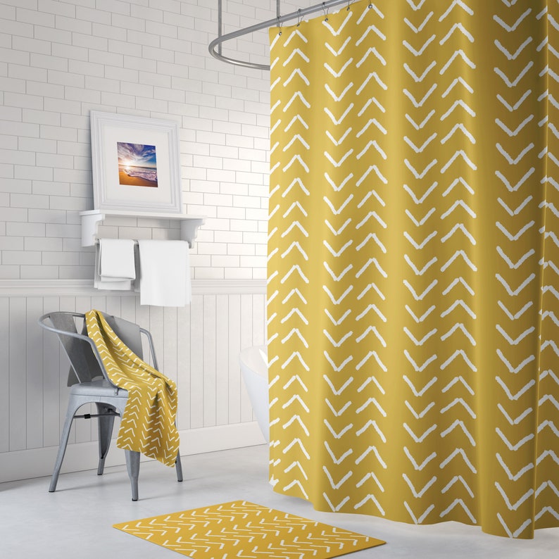 Mustard Yellow Mudcloth Print Shower Curtain, Boho Bath Curtain, Bathroom Decor - Image 3