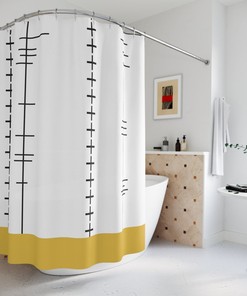 Mustard Yellow Shower Curtain, Mid Century Modern Border Bathroom Curtain