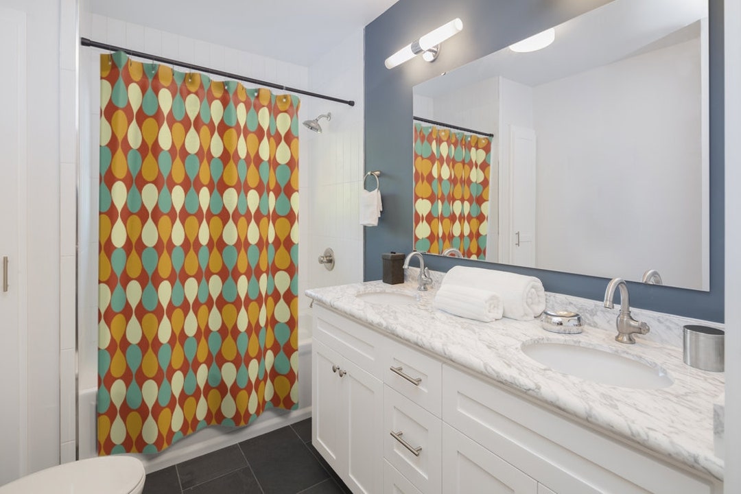 Mustard Yellow Shower Curtain, Mint Green Decor, Mid Century Modern, Retro Bathroom Decor, Home Decor Bathroom