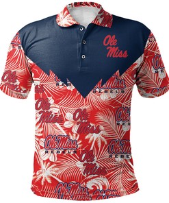 NCAA Ole Miss Rebels Red Tropical Flowers Blue Polo Shirt