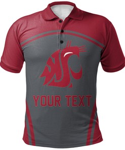 NCAA Washington State Cougars Custom Text Number Red Grey Curve Style Polo Shirt