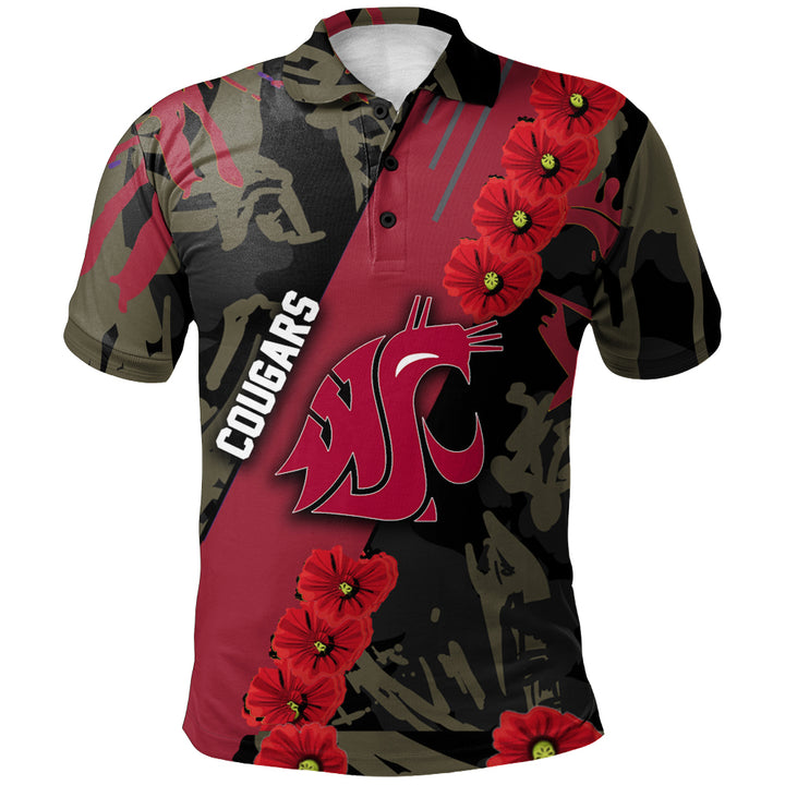 NCAA Washington State Cougars Red Flowers Black Polo Shirt