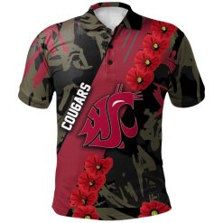 NCAA Washington State Cougars Red Flowers Black Polo Shirt - Image 2