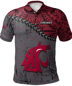 NCAA Washington State Cougars Red Grey Grunge Polynesian Tatto Polo Shirt