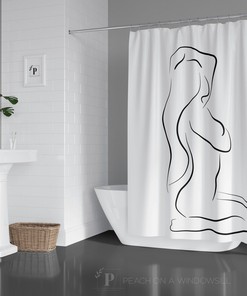 Naked Woman Art Shower Curtain, Black And White Curvy Woman Line Art Bath Tub Curtain, Sexy Bathroom Decor