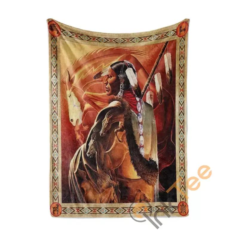 Native Warrior With Horses Sherpa Fleece Blanket Gifts for Family, for Couple