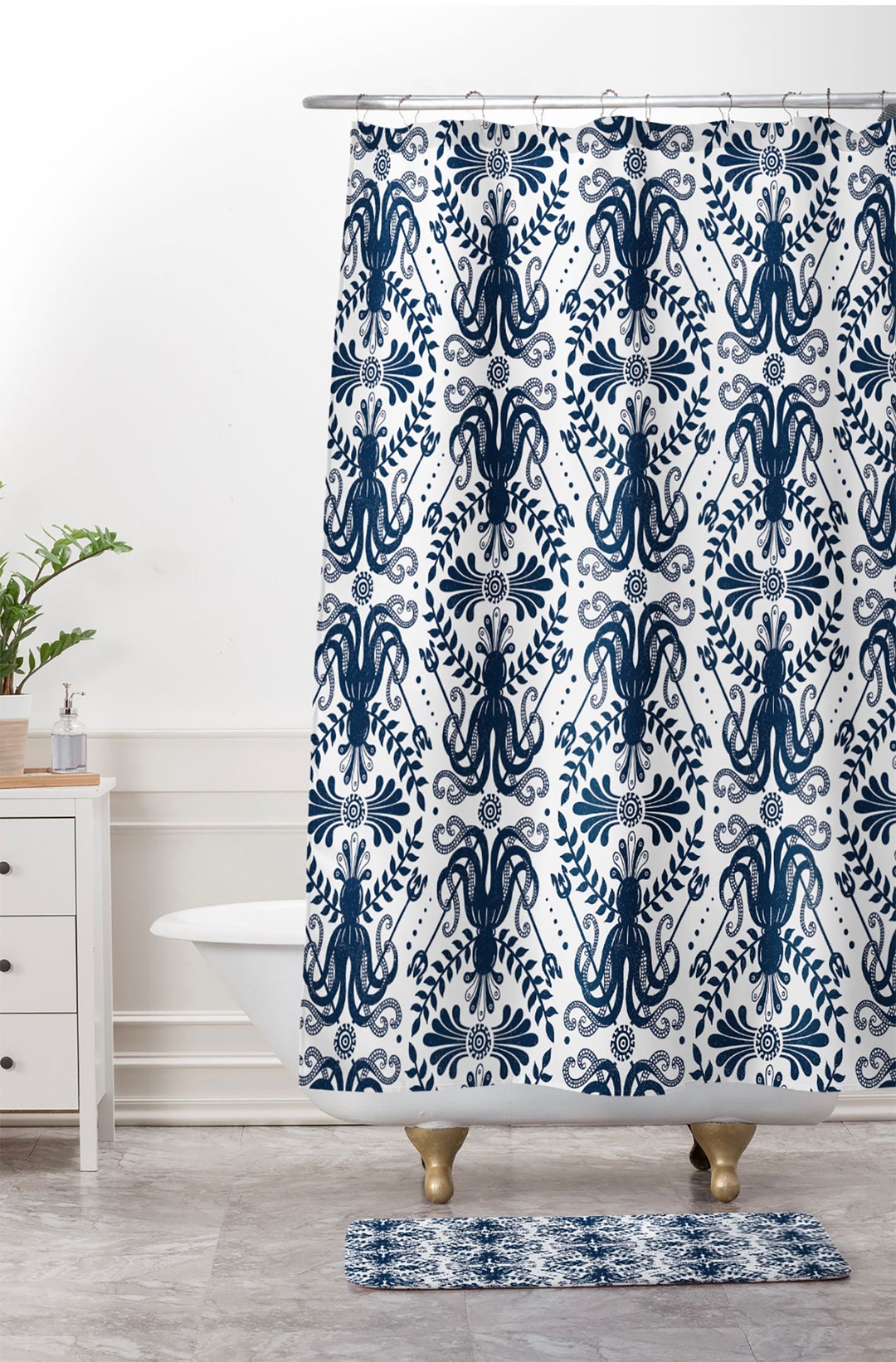 Nautical Damask Shower Curtain, Coastal Decor, Bathroom Decor, Navy Blue, Shower, Bathroom, Octopus, Mythos Oceanic Design