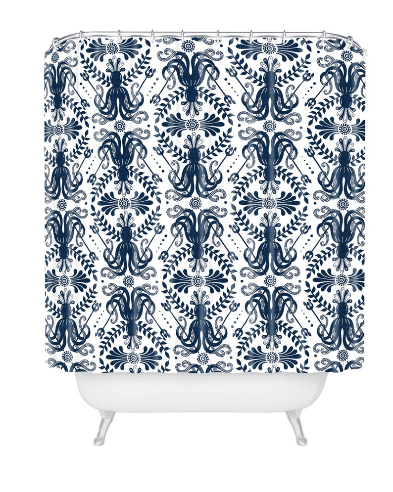 Nautical Damask Shower Curtain, Coastal Decor, Bathroom Decor, Navy Blue, Shower, Bathroom, Octopus, Mythos Oceanic Design - Image 2