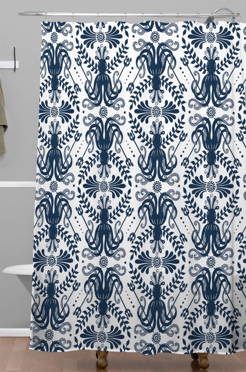 Nautical Damask Shower Curtain, Coastal Decor, Bathroom Decor, Navy Blue, Shower, Bathroom, Octopus, Mythos Oceanic Design - Image 3