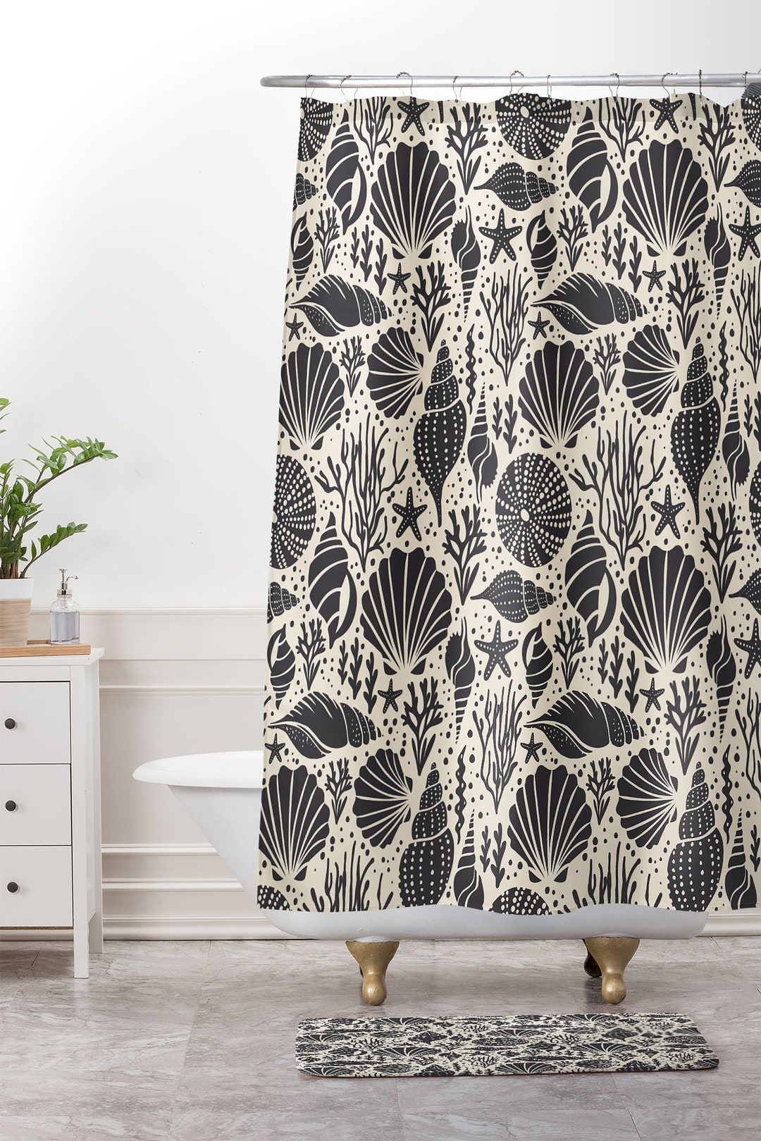 Nautical Shower Curtain, Bath Curtain, Coastal Decor, Bathroom Decor, Shell Shower Curtain, Black Shower Curtain, Beach House Decor