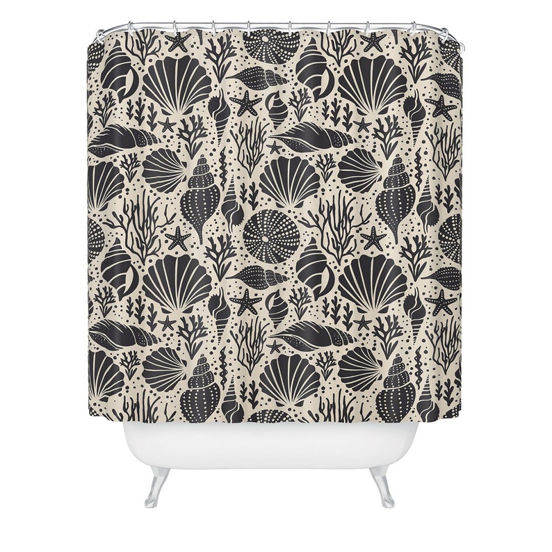 Nautical Shower Curtain, Bath Curtain, Coastal Decor, Bathroom Decor, Shell Shower Curtain, Black Shower Curtain, Beach House Decor - Image 2