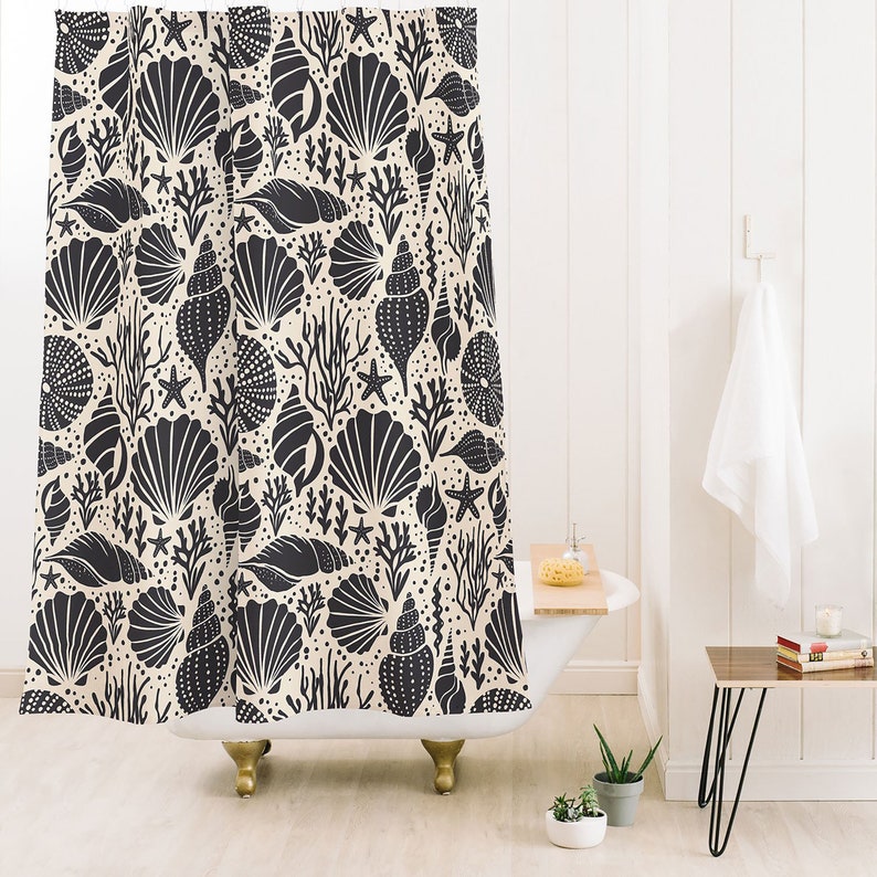 Nautical Shower Curtain, Bath Curtain, Coastal Decor, Bathroom Decor, Shell Shower Curtain, Black Shower Curtain, Beach House Decor - Image 3