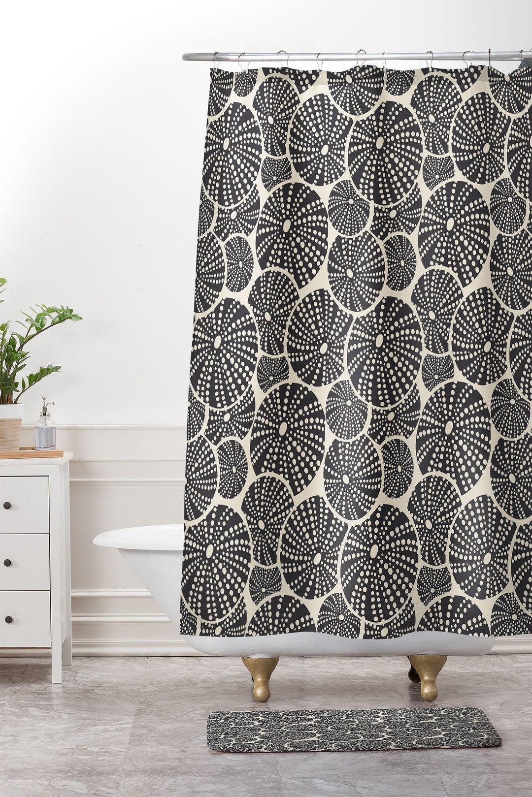 Nautical Shower Curtain, Black Shower Curtain, Coastal Decor, Bath Curtain, Sea Urchin, Cloth Shower Curtain, Beach House Decor