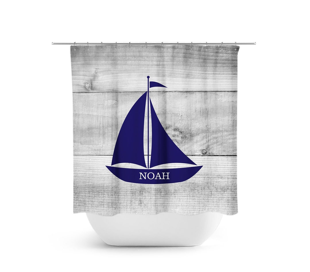 Nautical Shower Curtain, Personalized Shower Curtain, Kids Bathroom Decor, Bathtub Curtain, Sailboat Bathroom, Nautical Bathroom