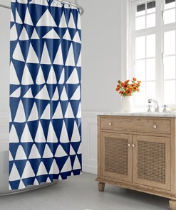 Navy Blue And White Minimalist Mid-Century Shower Curtain - Abstract Triangle Shower Curtain, Tribal Zig Zag Bath Decor